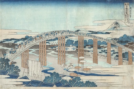 shokoku meikyo kiran: tokaido okazaki yahagi no hashi [yahagi bridge, okazaki from novel views of famous bridge in various provinces]|諸国名橋奇覧 東海道岡崎矢はぎのはし by hokusai